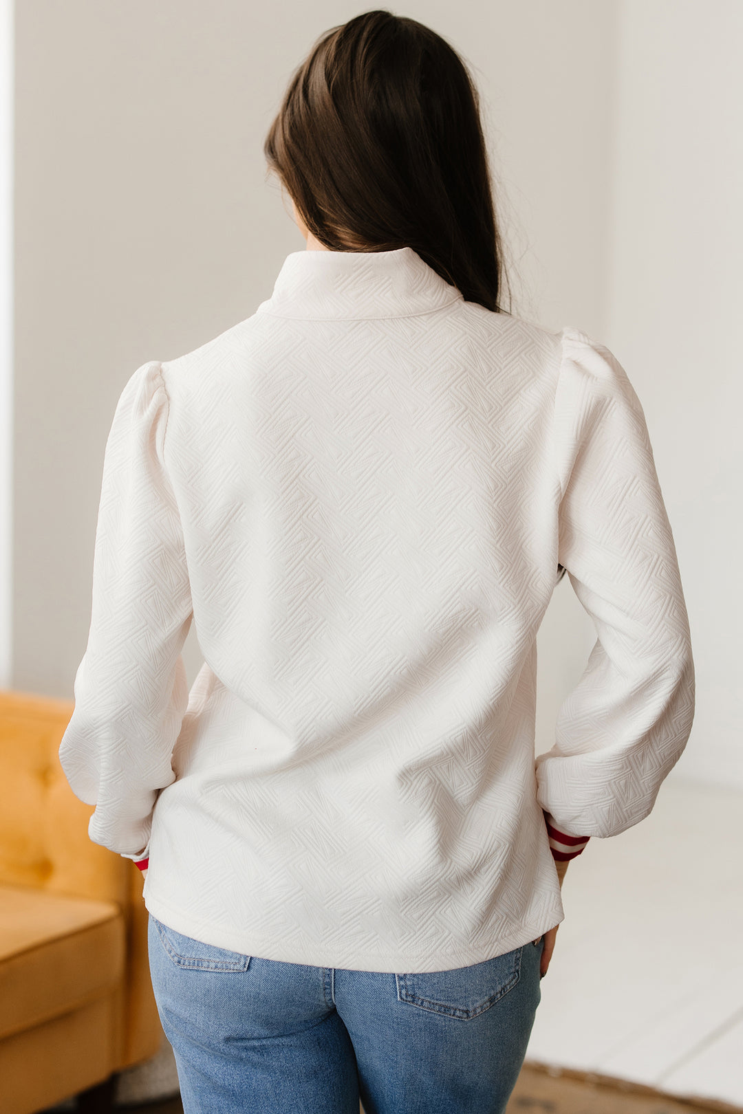Textured Knit Contrast Striped Accent Zipped Collar Pullover Top