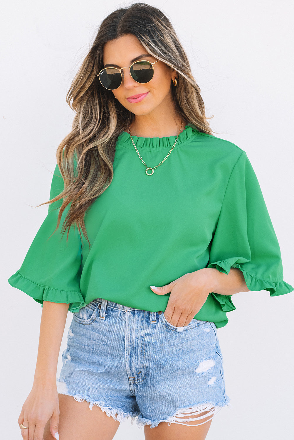 Frilly Round Neck Wide Half Sleeve Blouse
