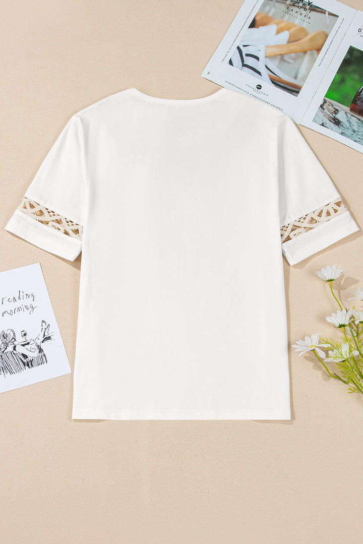 Lace Crochet Crew Neck Casual T Shirt
