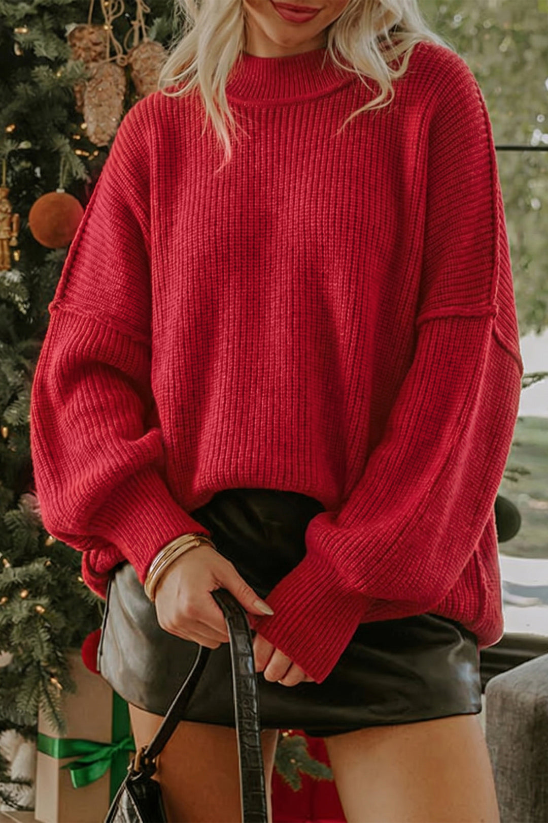 Red Dahlia Ribbed Knit Stand Neck Regular Fit Pullover Sweater