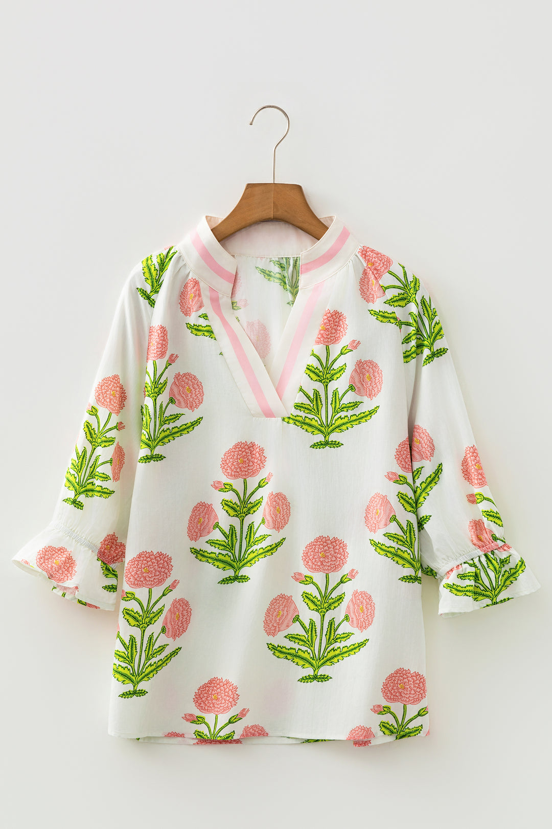 Casual Wild Flower Print V Neck 3/4 Sleeve Blouse