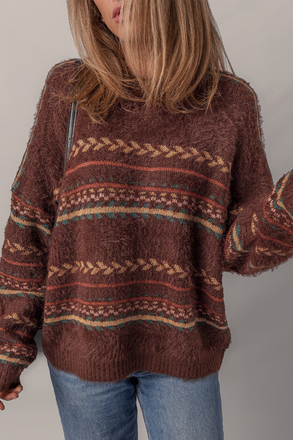 Ethnic Pattern Mohair Knitted Drop Shoulder Sweater