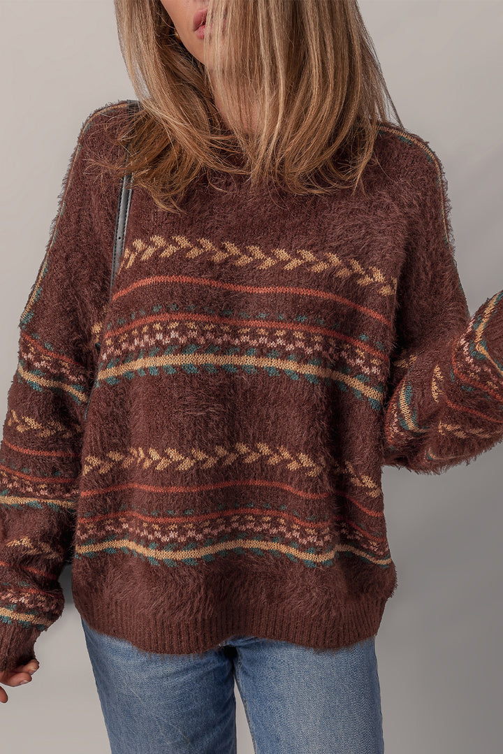 Ethnic Pattern Mohair Knitted Drop Shoulder Sweater