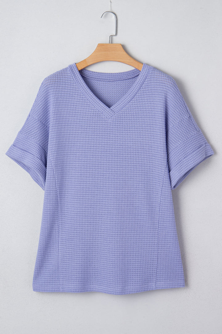 Waffle V Neck Short Sleeve Knit Top