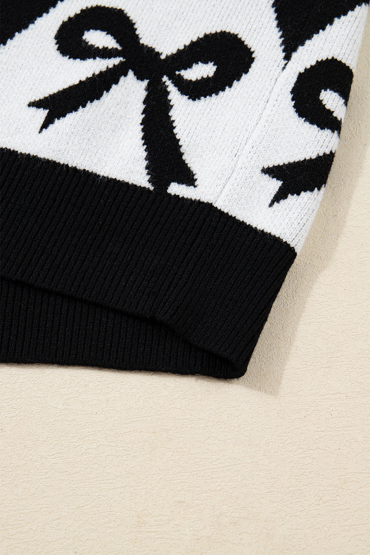 Bow Print 2-tone Rhombus Knit Loose Sweater