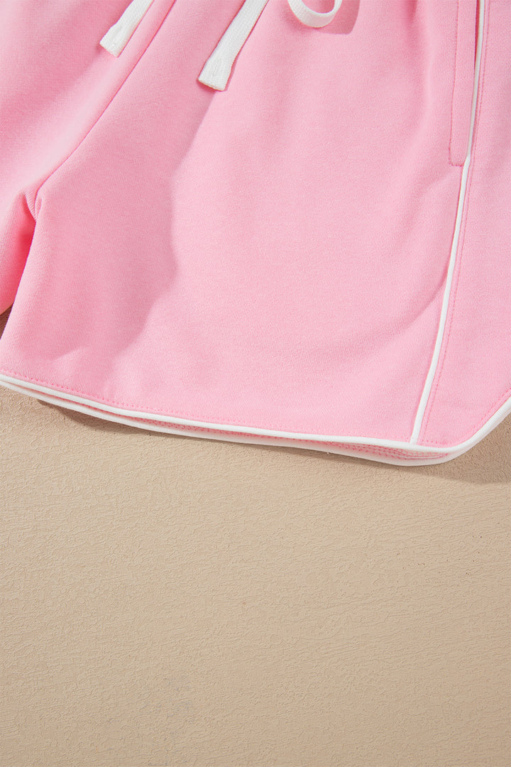 Pink Piping Trim Long Sporty Pullover Drawstring Elastic Waist Shorts Set