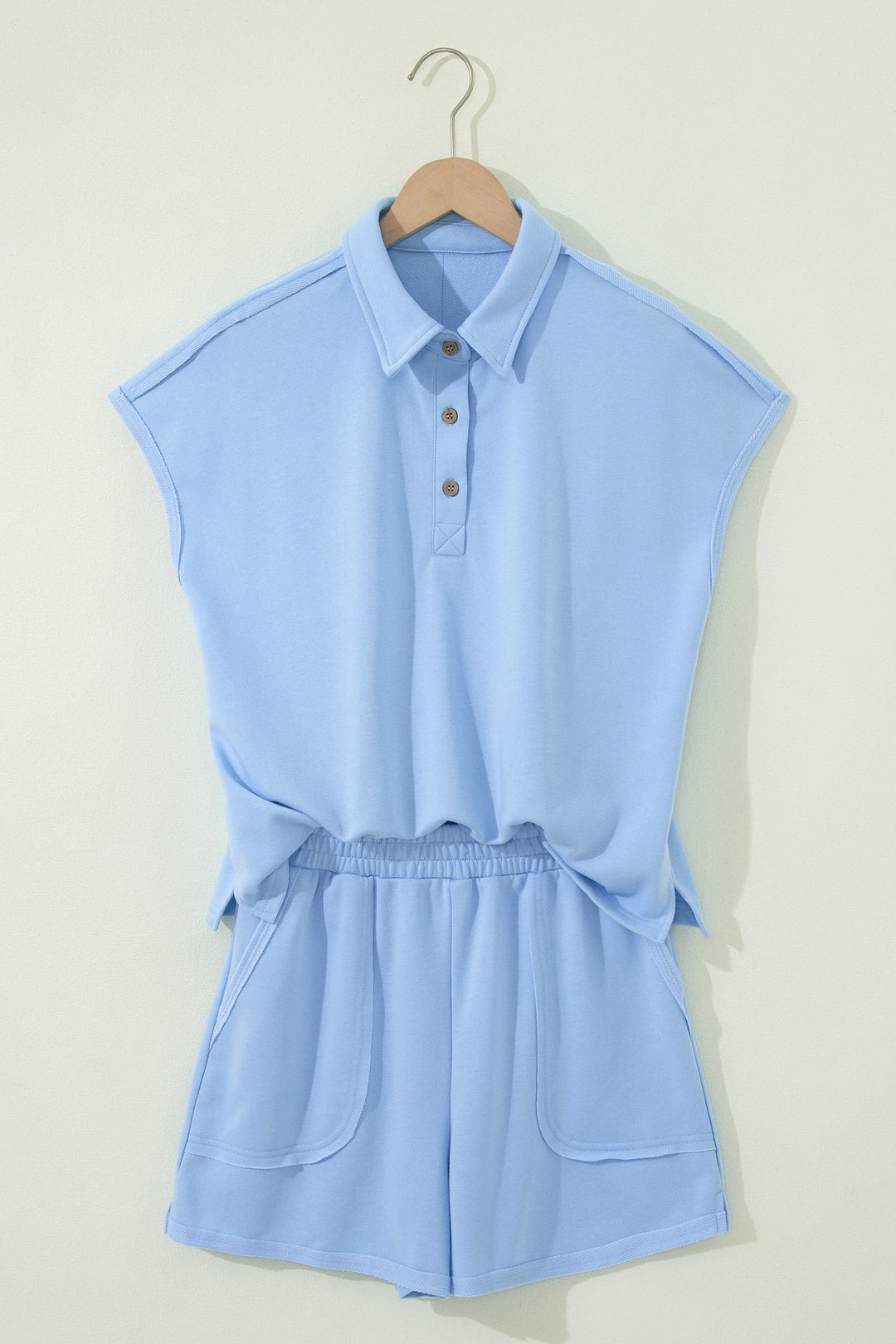 Mist Blue Loose Polo Tee Elastic Waist 2pcs Short Set
