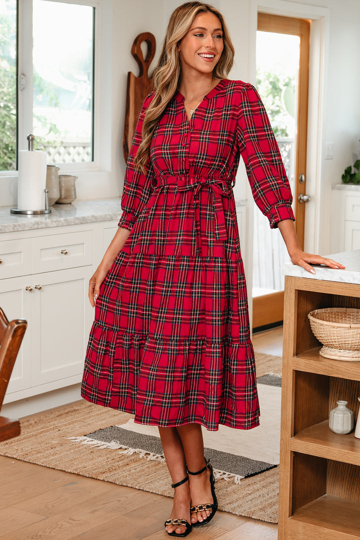 Christmas Plaid V Neck 3/4 Sleeve Tie Waist Ruffle Hem Long Dress