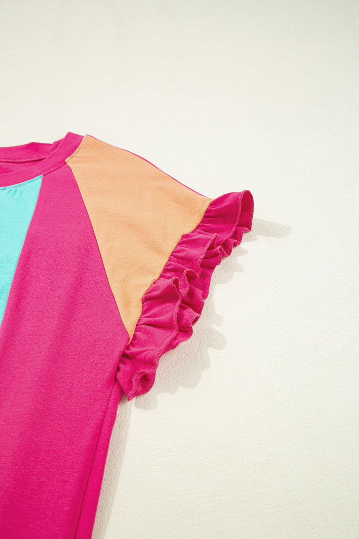 color block ruffled crew neck loose fit t shirt