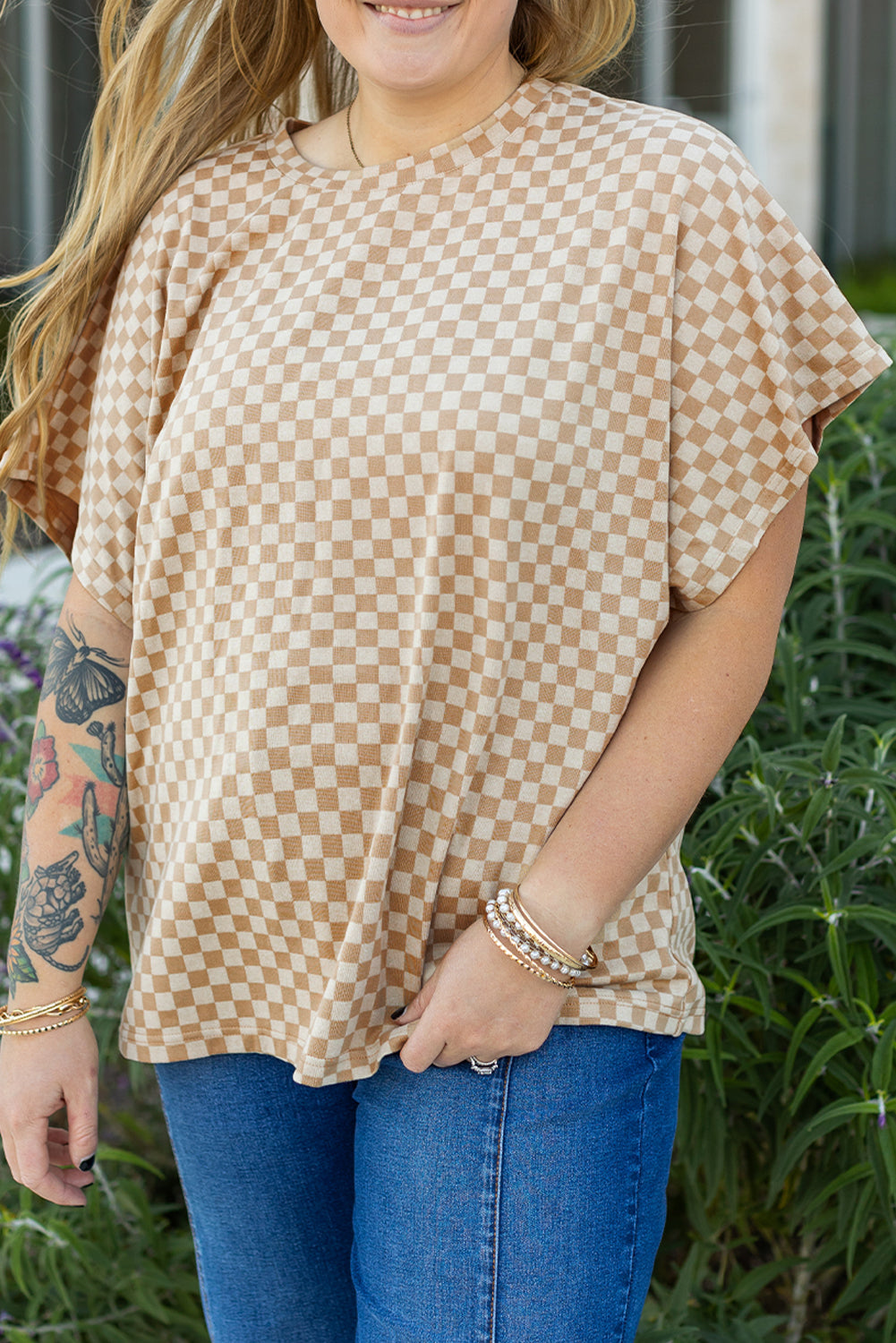 Checkerboard Short Batwing Sleeve Round Neck Plus Size T Shirt