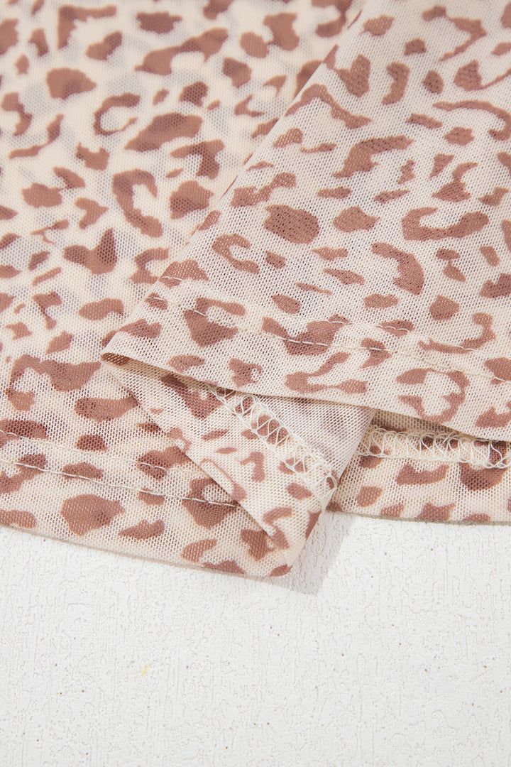 Brown Leopard Print Foldover Off Shoulder Long Sleeve Mesh Top