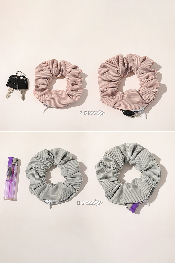 Ribbed Hair Scrunchie with Hidden Zipper Pocket