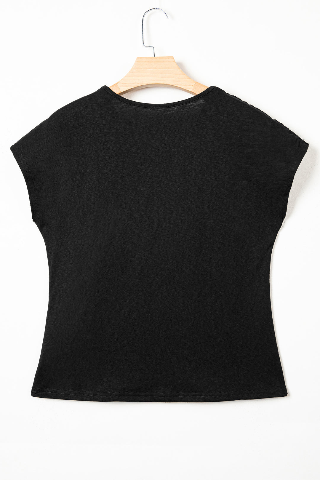 Black Cutout Embroidered Trim V Neck Cap Sleeve Tee