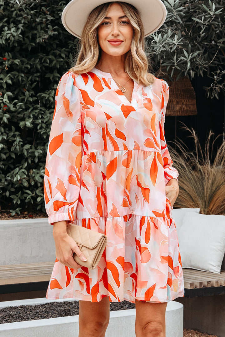 Abstract Print Split Neck Long Sleeve Dress