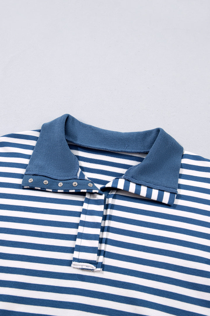 Blue Stripe Color Block Trim Raw Seam Split Hem Loose Pullover Sweatshirt