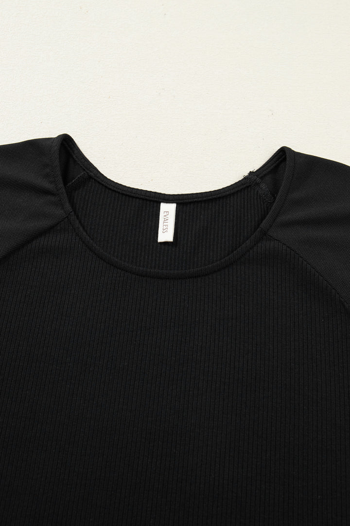 Black Ribbed Lace Patchwork Short Sleeve Top