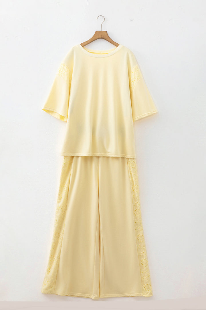 Yellow Cream Solid Color Eyelet Lace Panel Accent Plus Size 2pcs Outfit