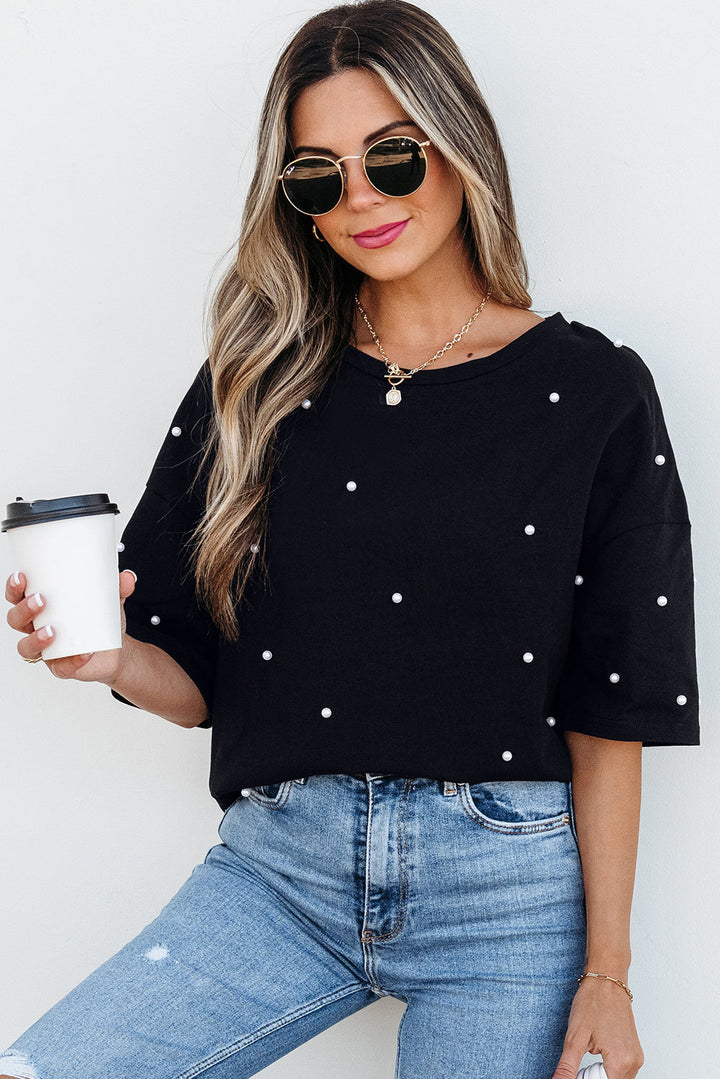 Pearl Beaded  Drop Shoulder Crewneck T Shirt