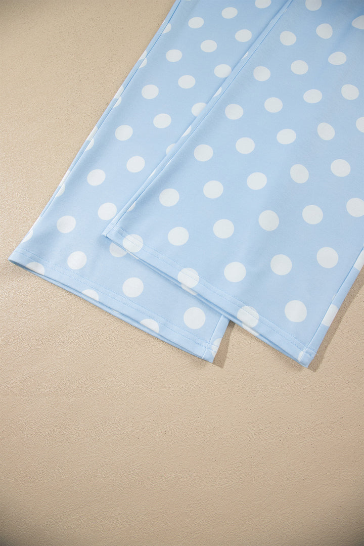 Sky Blue Polka Dot Contrast Trim Long Sleeve Top Drawstring Shift Pants Set