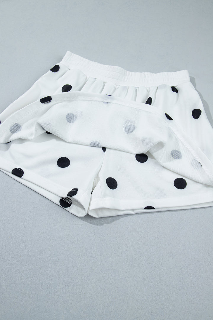Beige Polka Dot Raw Hem Relaxed Pullover Loose Skort Two Piece Set