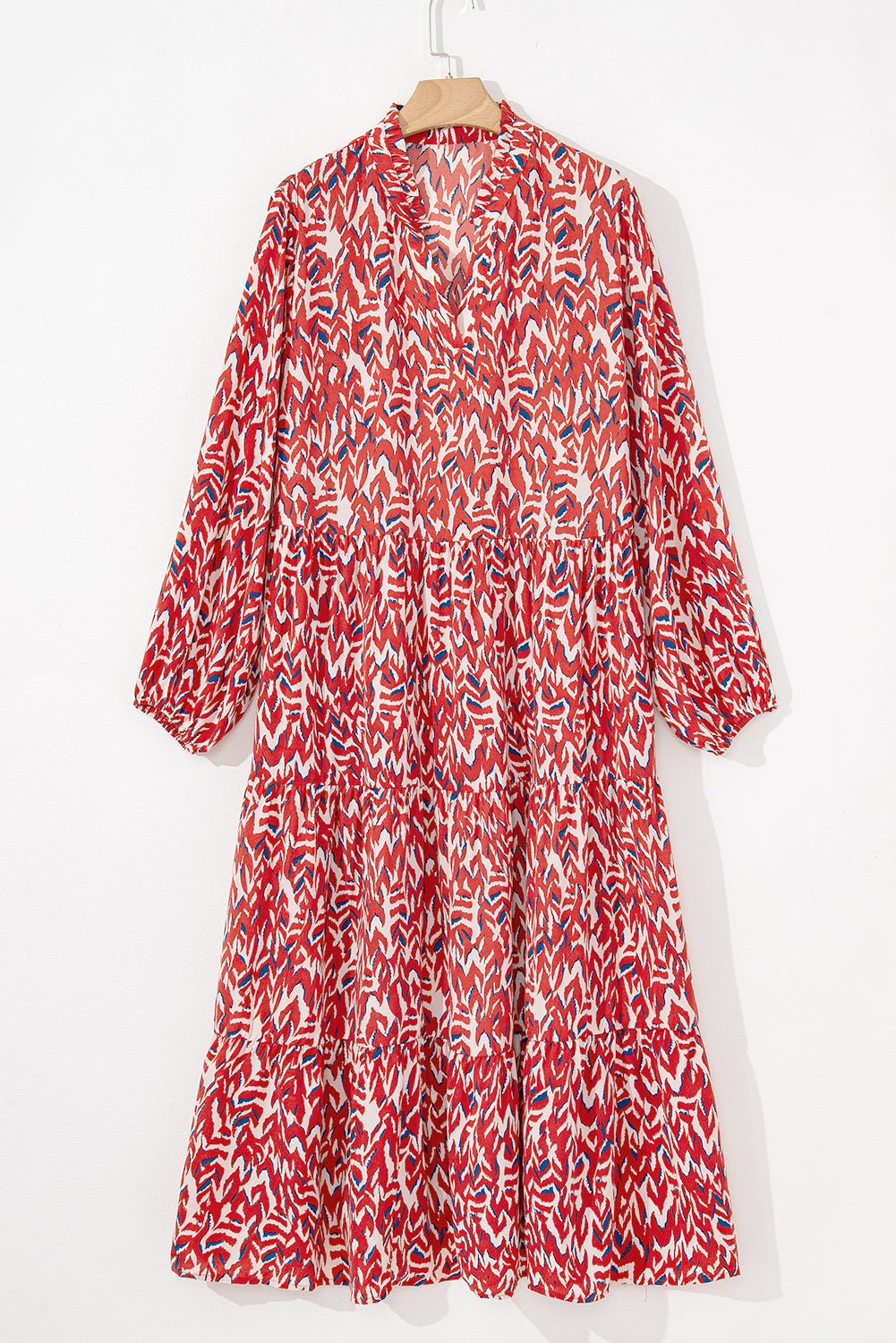 Red Abstract Print Notch V Neck High Waist Plus Size Maxi Dress