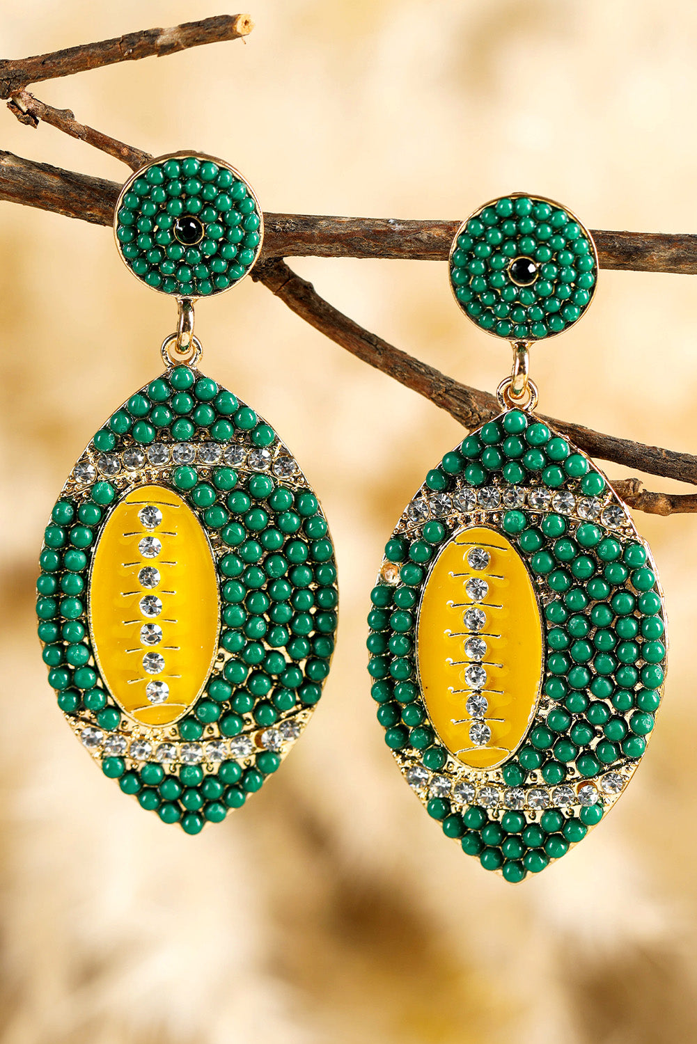 Boucles d'oreilles pendantes en perles et strass, motif rugby
