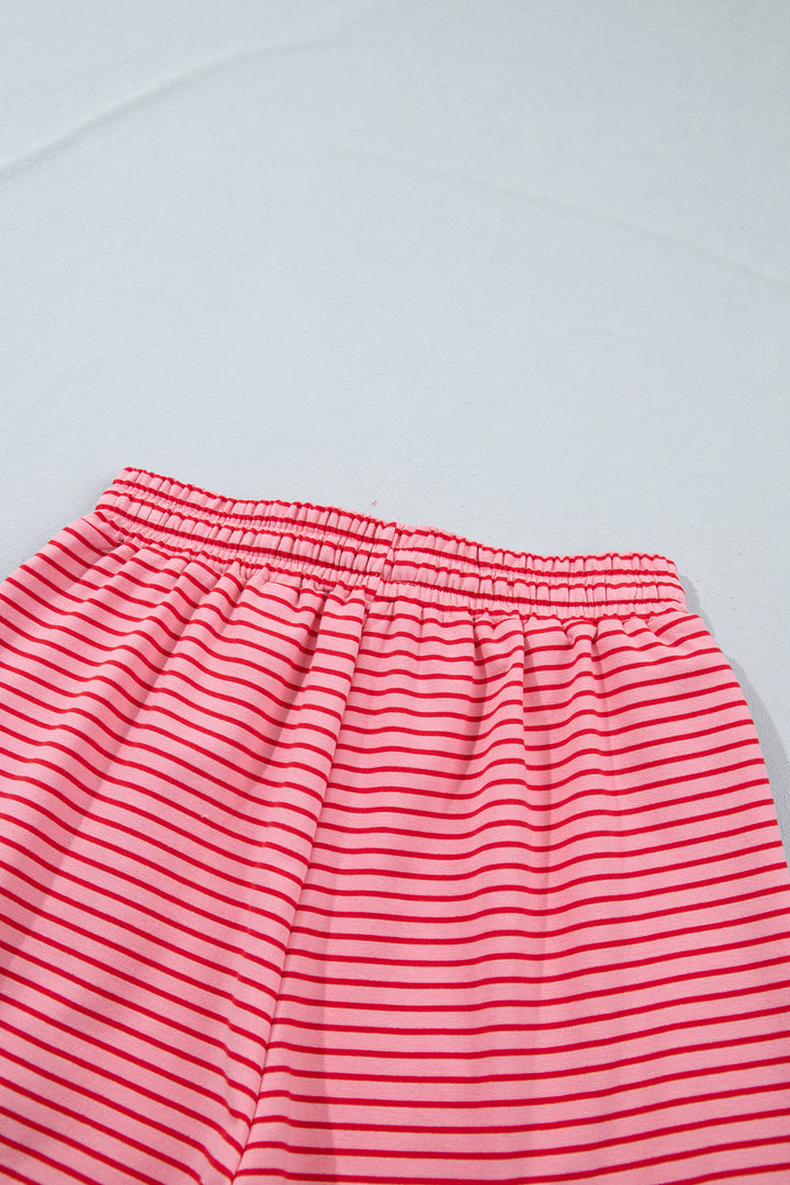 Pink Stripe Ribbed Patchwork Mock Neck Baggy Pullover Matching Shorts Set