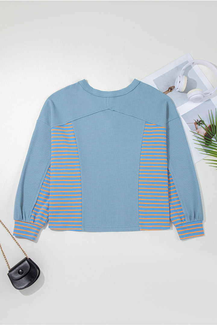 Blue Exposed Seam Waffle Striped Patchwork Baggy Pullover