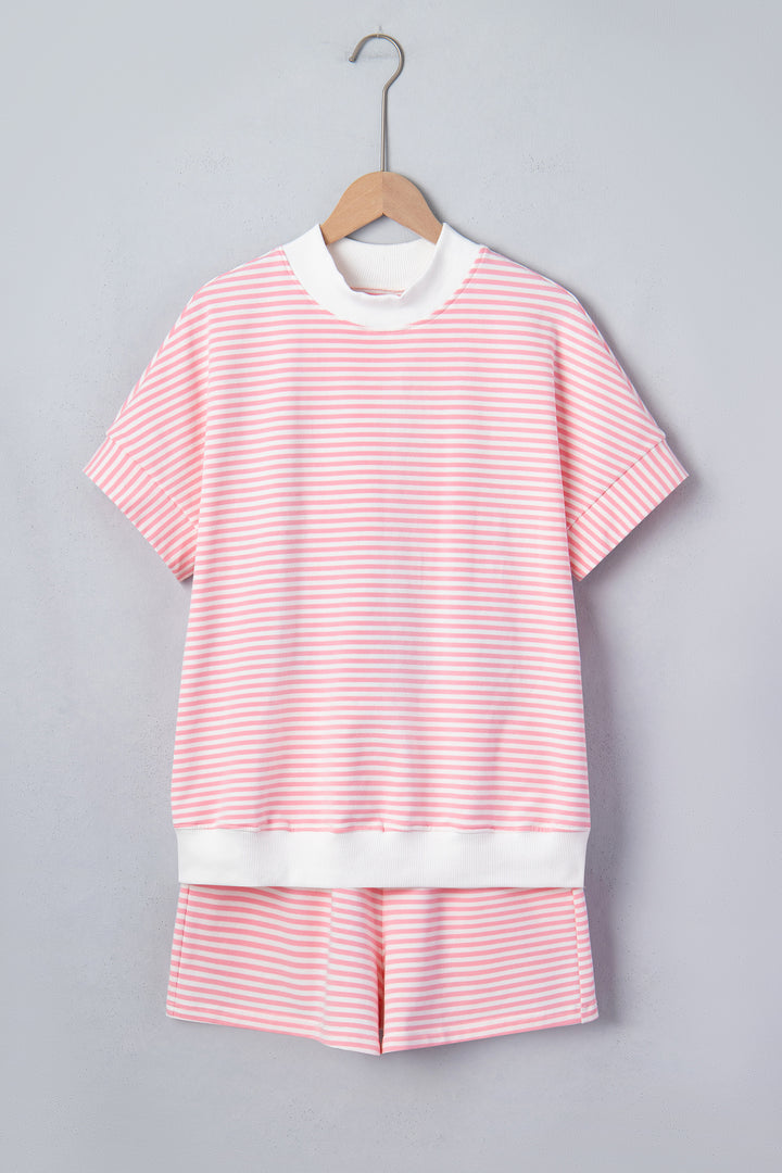 Pink Stripe Cuffed Sleeve Contrast Mock Neck Tee Casual 2pcs Short Set
