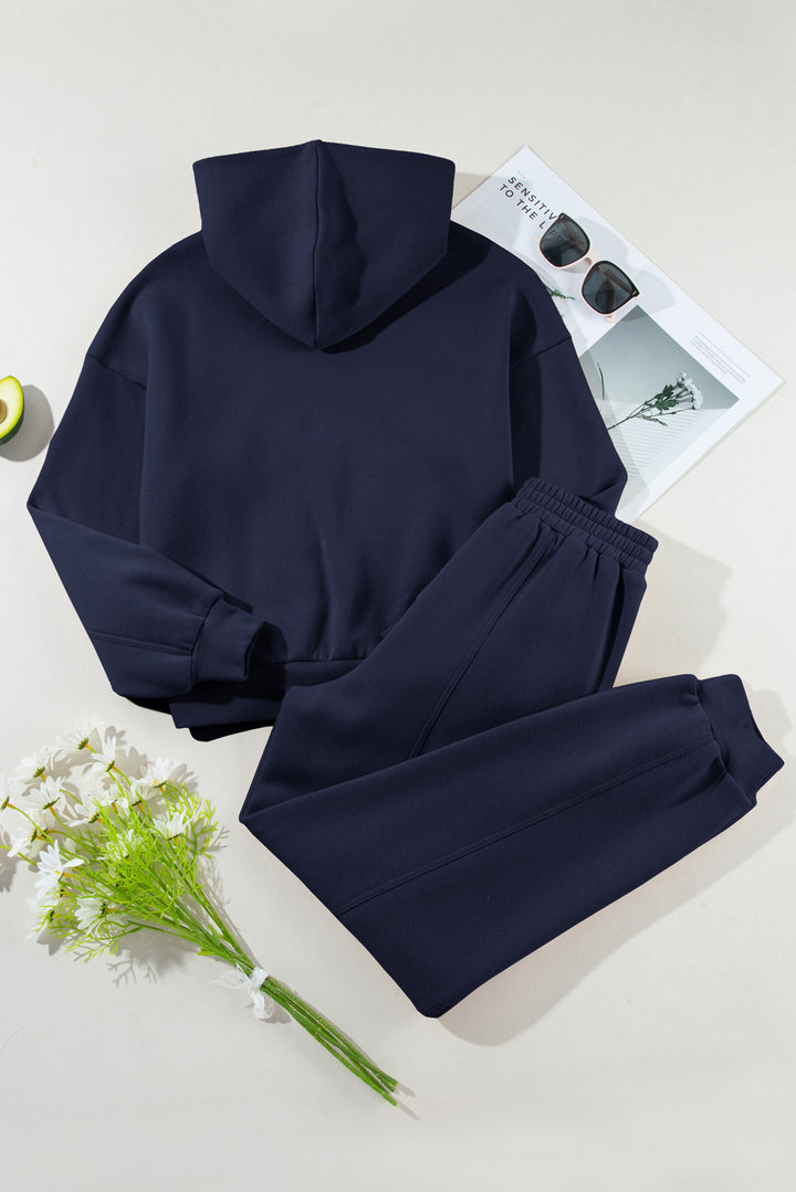 Navy Blue Solid Exposed Seams Hoodie and Joggers Activewear Set