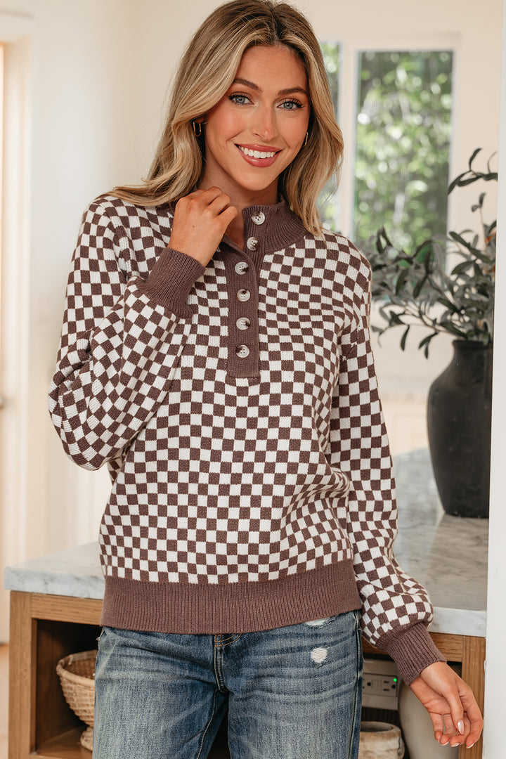 Half Button Ribbed Trim Checkerboard Knit Sweater