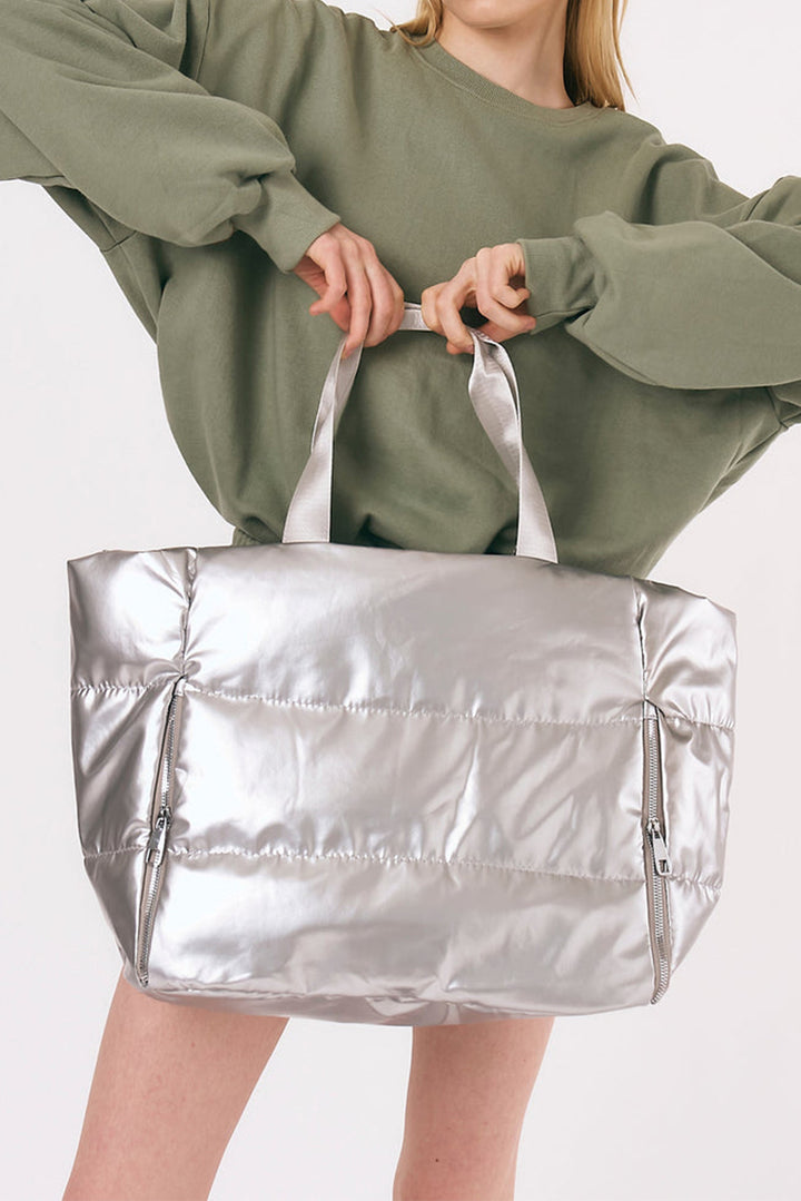 Solid Zipper Puffer Large Tote Bag