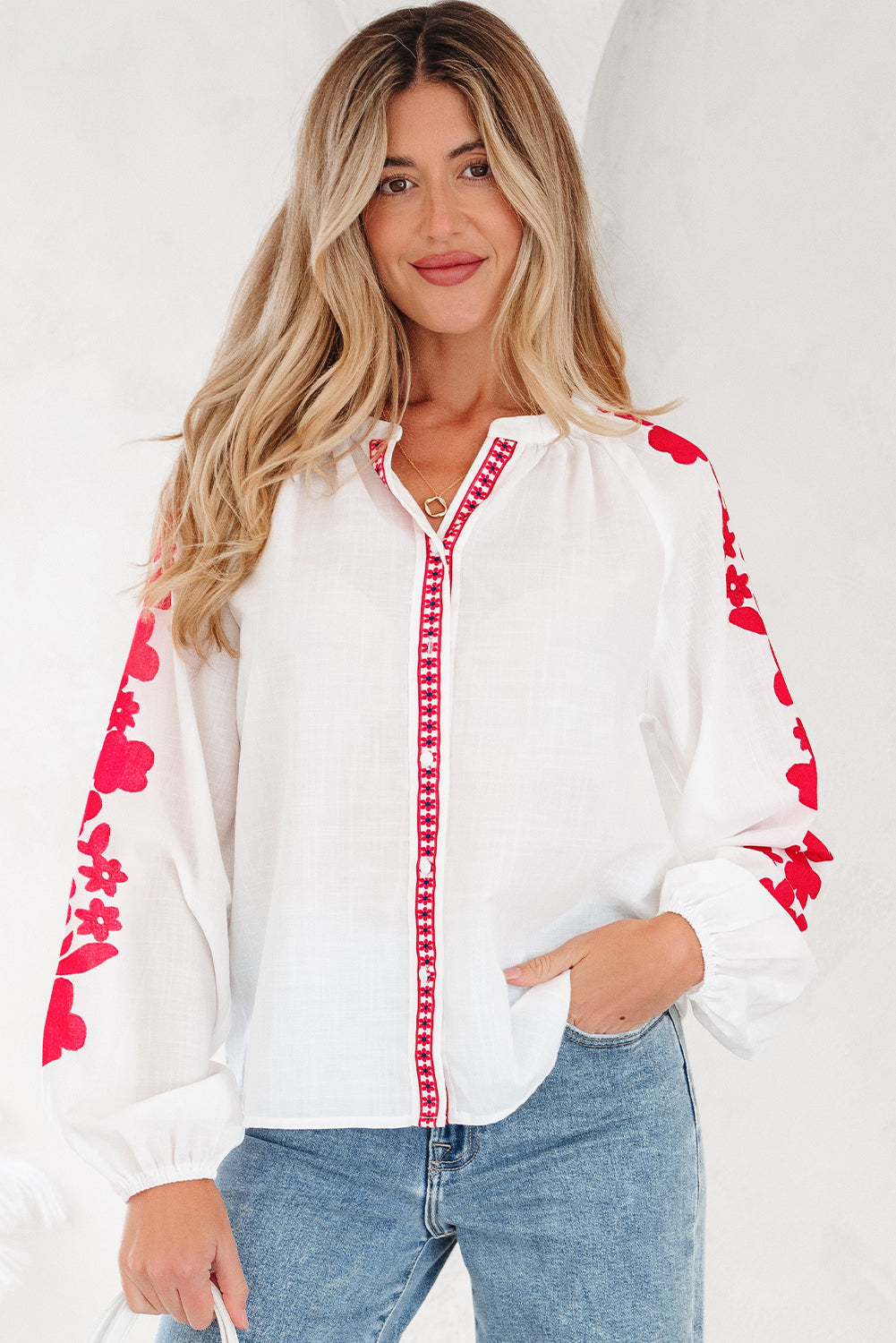 Floral Embroidered Puff Long Sleeve Casual Shirt