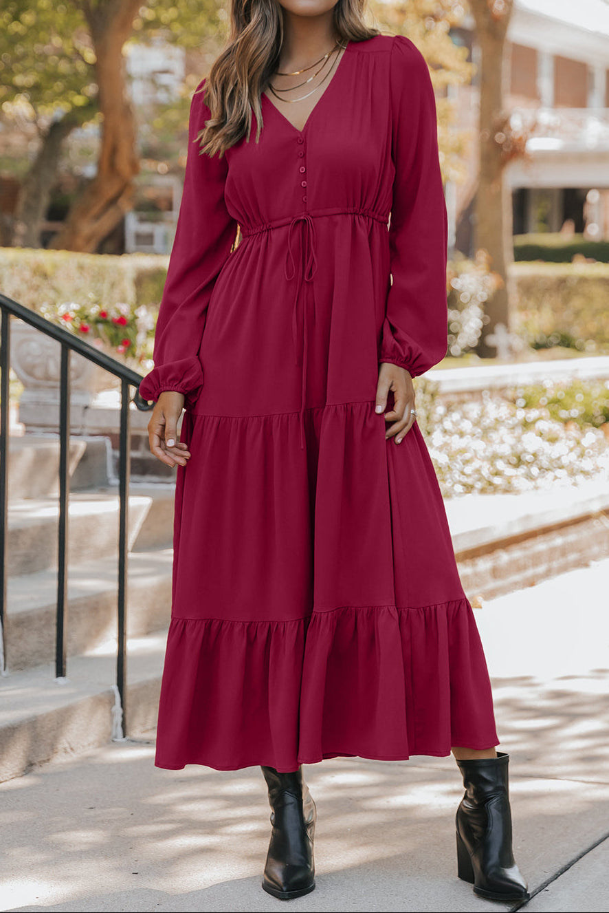 Burgundy Solid Long Sleeve Button V Neck Tiered Maxi Dress