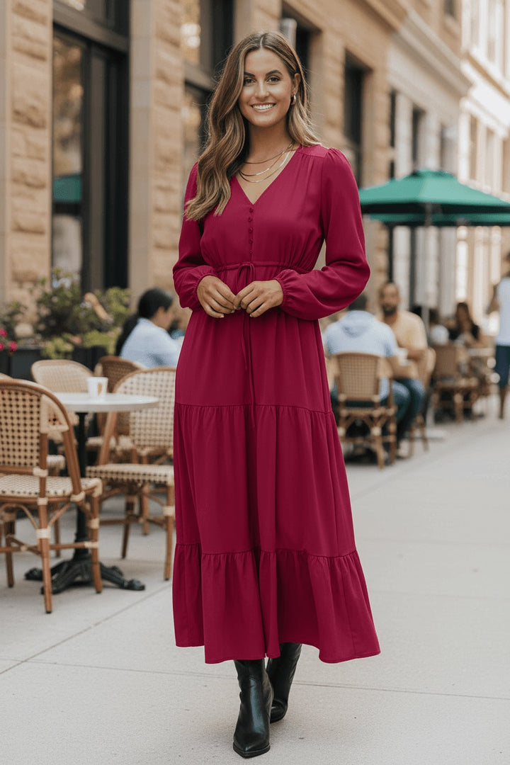 Burgundy Solid Long Sleeve Button V Neck Tiered Maxi Dress
