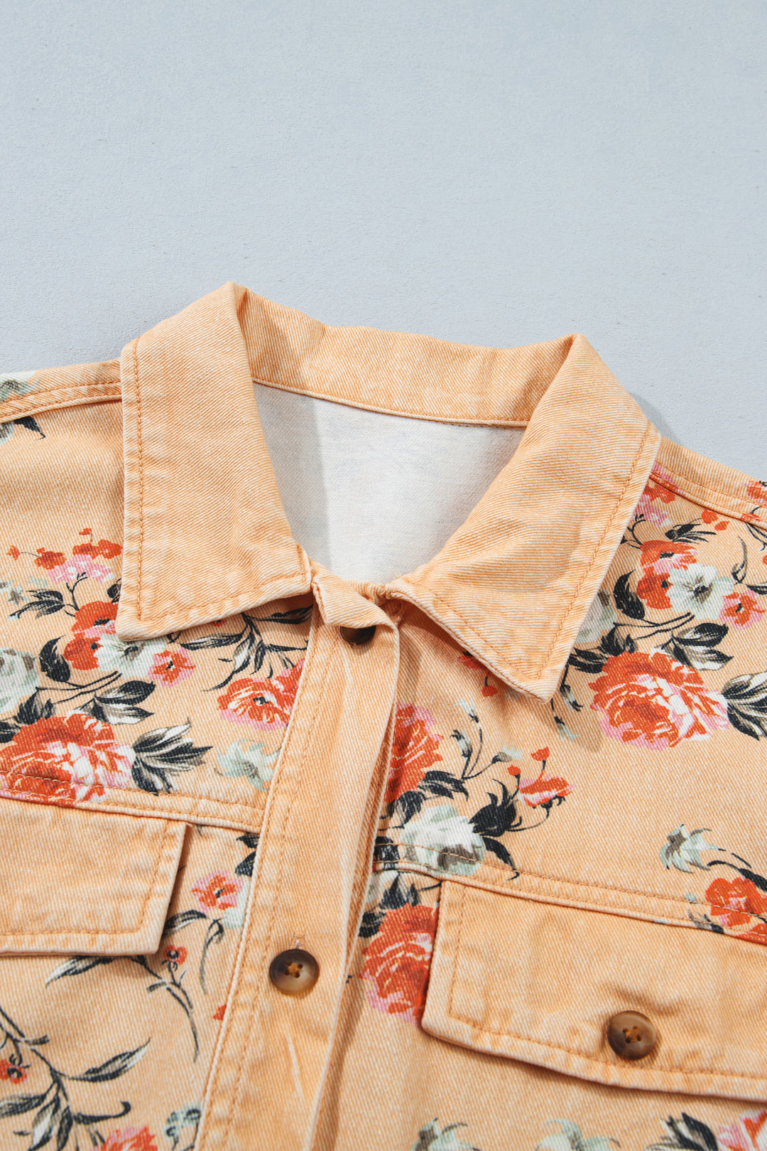 Khaki Floral Print Denim Jacket Shift Silhouette Tunic Length Casual Daily Wear
