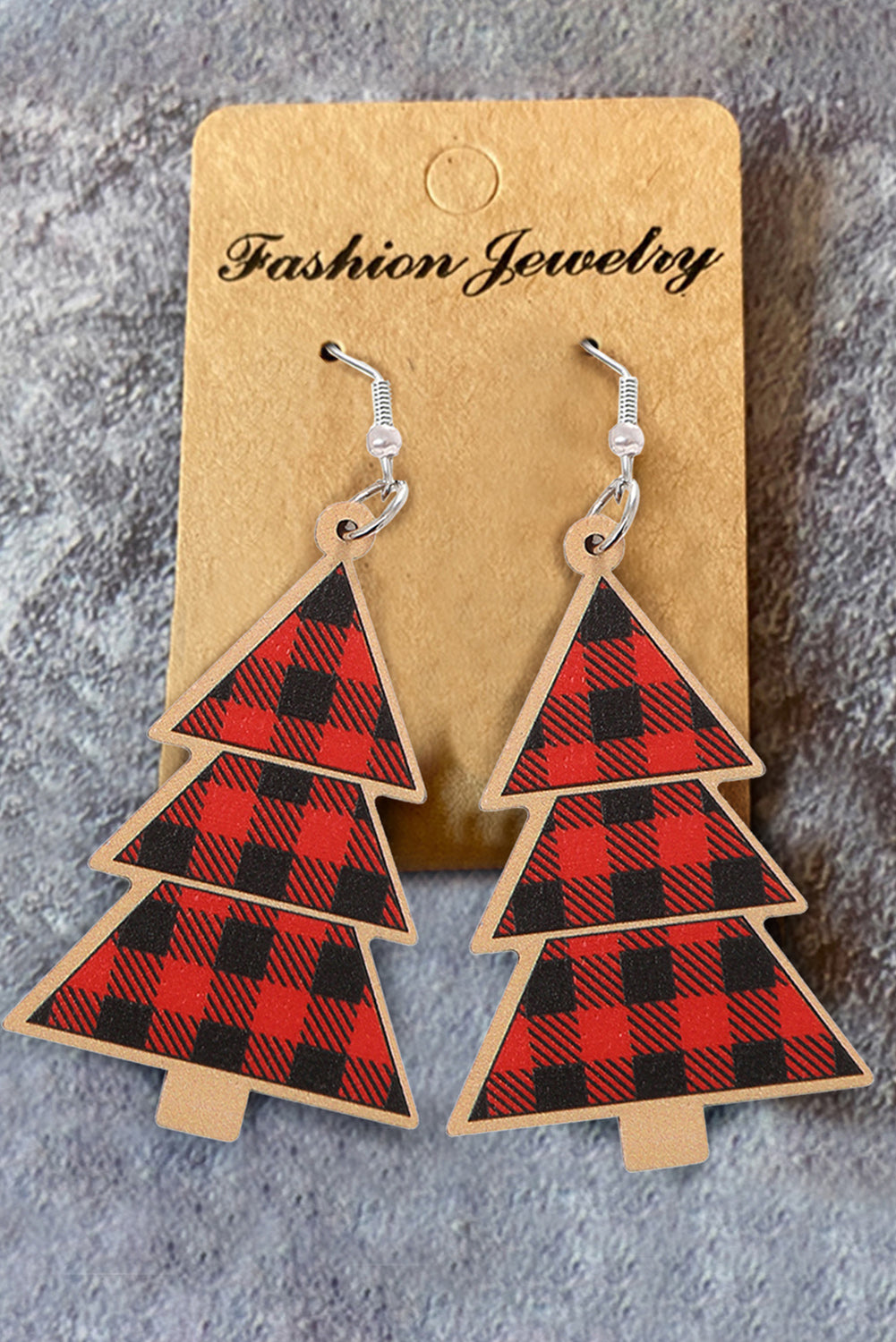 Boucles d'oreilles pendantes en bois motif sapin de Noël à carreaux rouges