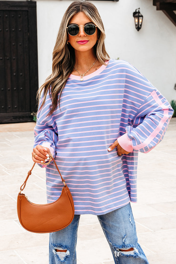 Sky Blue Stripe Oversize Contrast Trim Cotton Casual Top