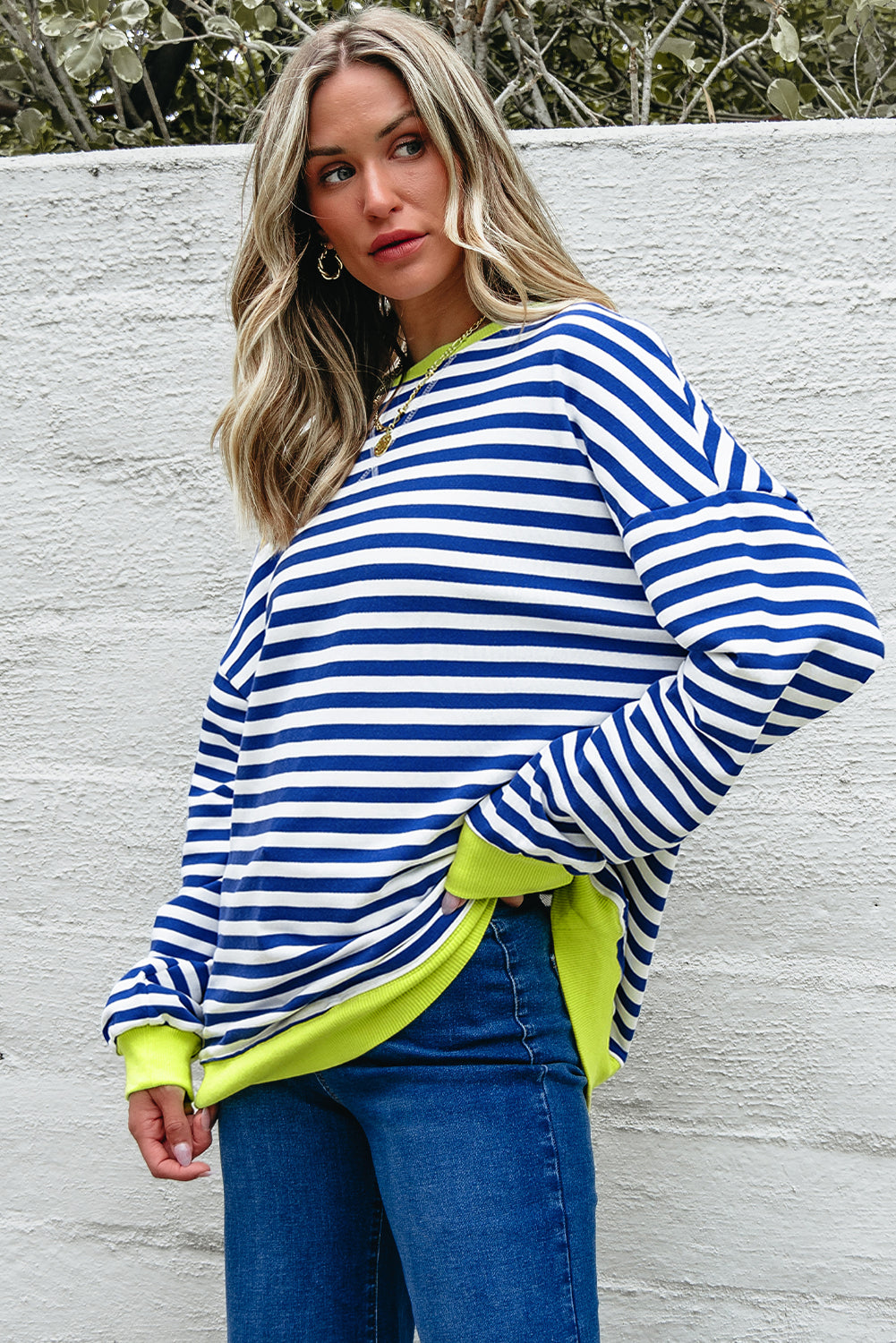 Striped Contrast Ribbed Trim Crossed Stitch Drop Shoulder Sweatshirt