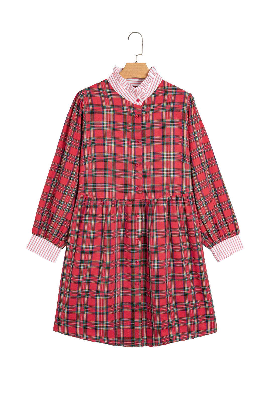 Red Plaid Striped V Neck Collar Cuff Details Shift Plus Size Dress
