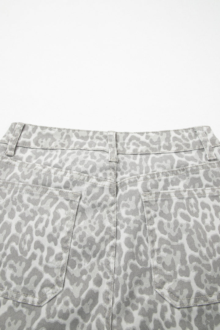 Gray Leopard Frayed Edge Wide Leg High Waist Jeans