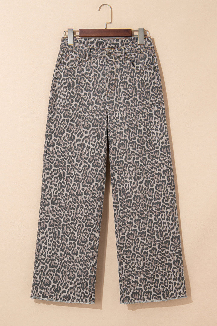 Brown Leopard Frayed Edge Wide Leg High Waist Jeans