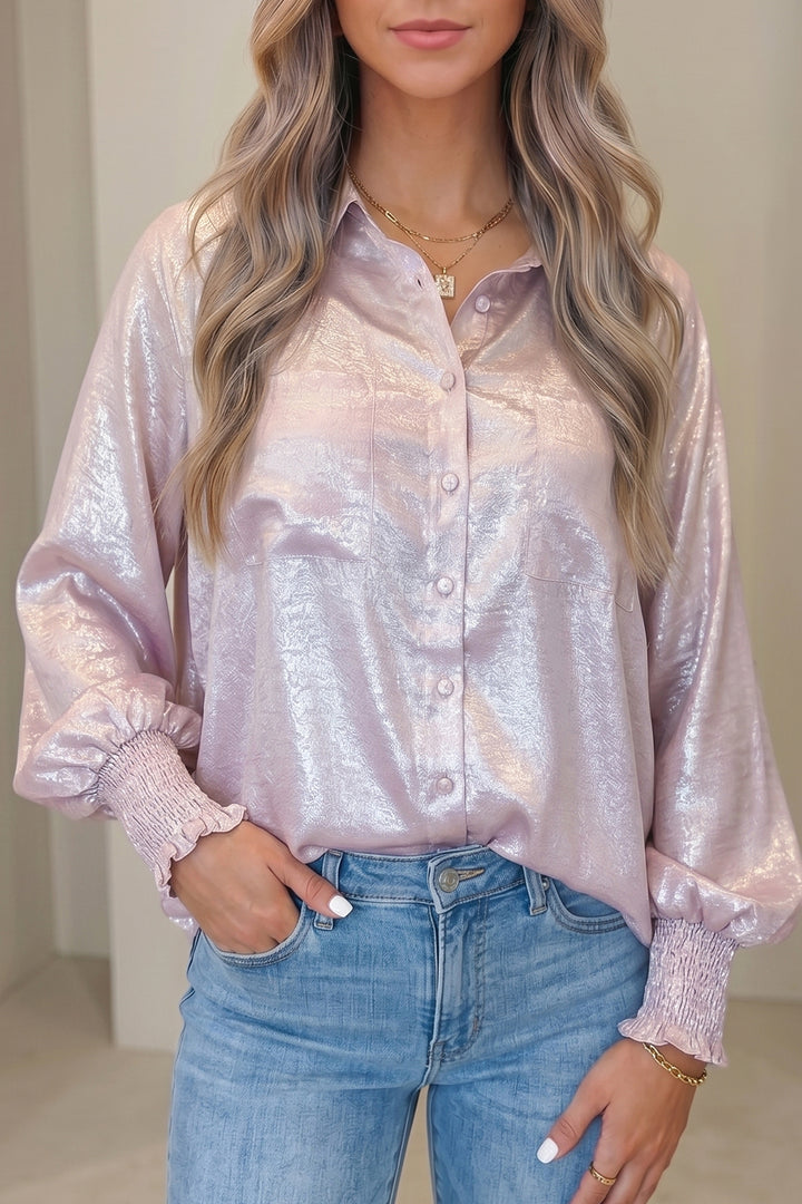 New Delicacy Long Sleeve Button Front Ruffle Cuffs Back Paneling Shirt