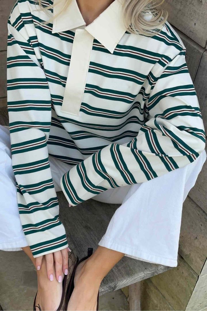 Green Stripe Retro Loose Fit Contrast Collar Long Sleeve Top