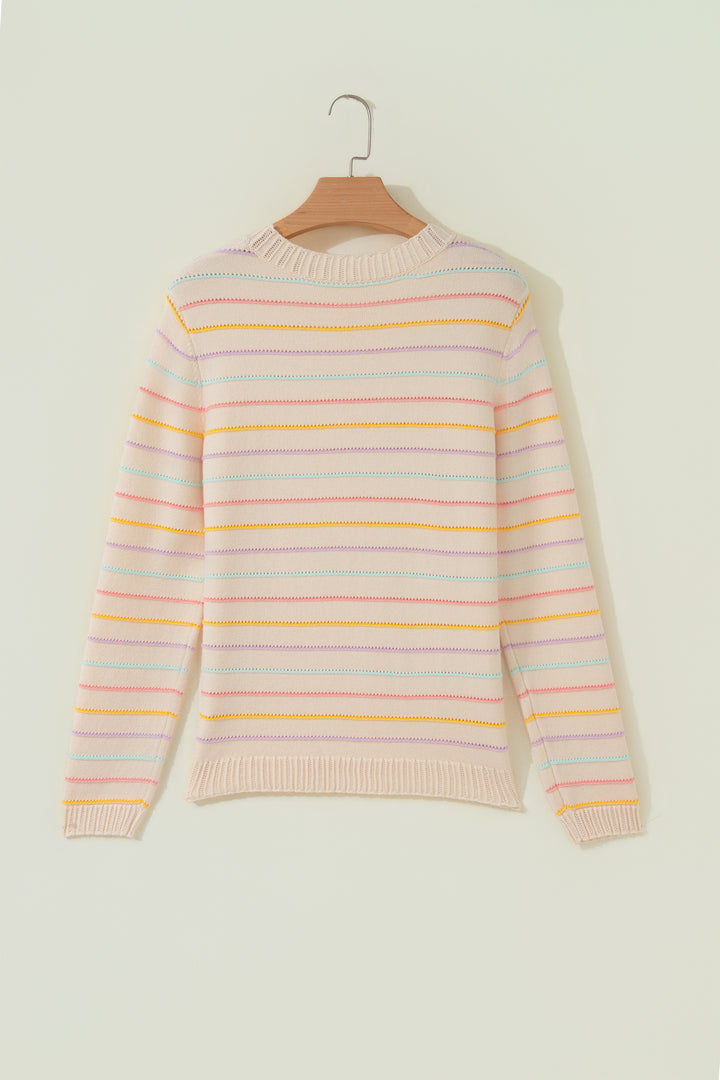 Beige Stripe Colorful Stripes Crew Neck Knit Sweater