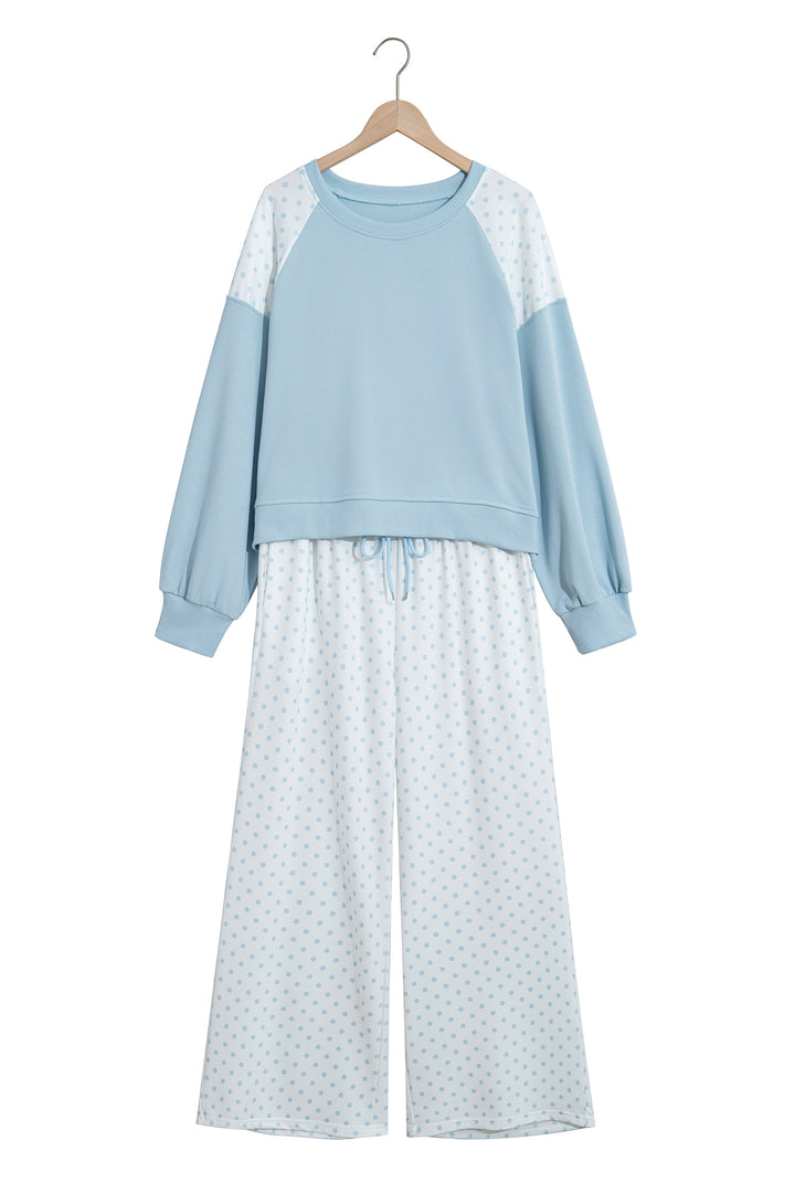 Light Blue Polka Dot Patchwork Colorblock Long Sleeve Casual Two Piece Pants Set