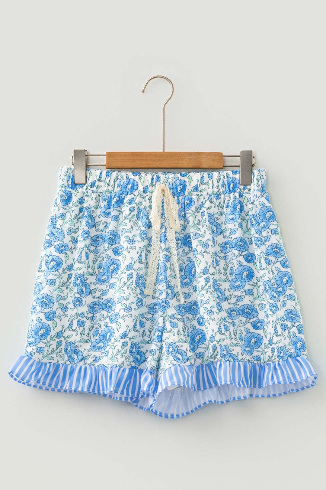Sky Blue Summer Floral Striped Ruffle Hem Lace Tie Shorts
