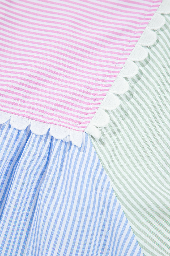 striped patchwork ric rac puff sleeve collared mini dress
