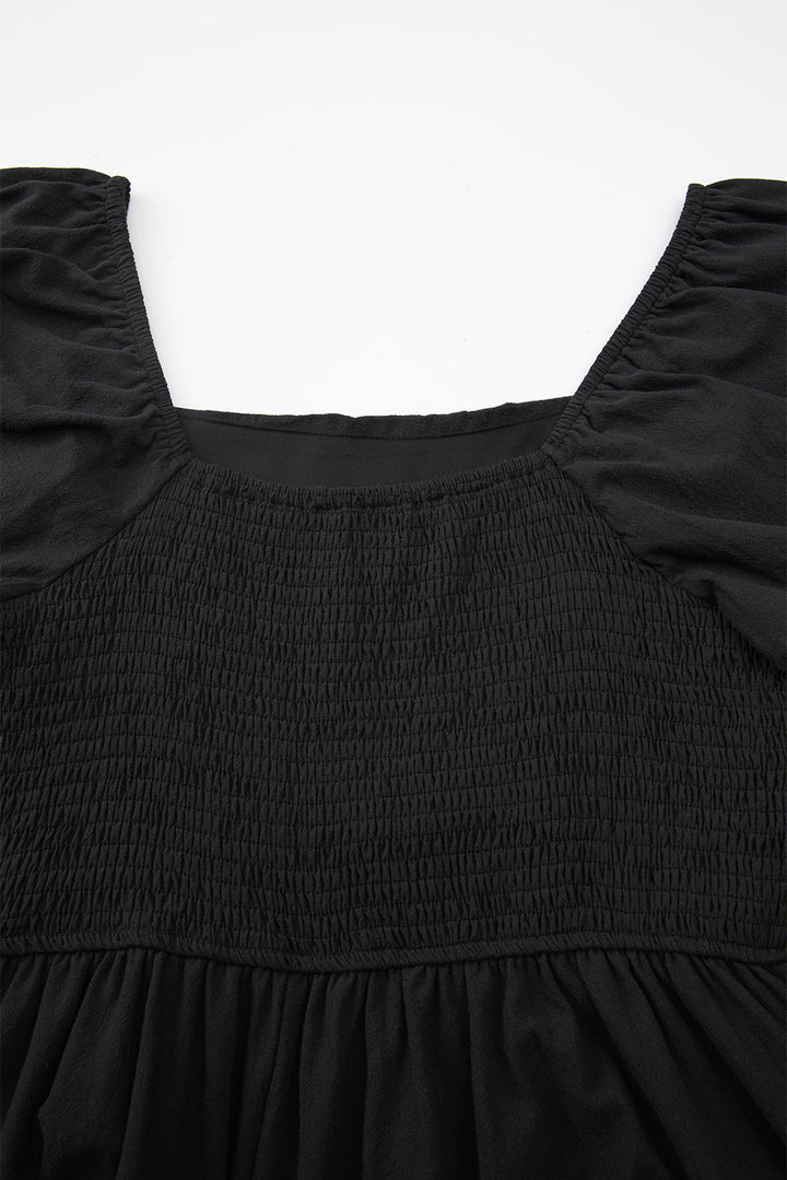 Black Square Neck Ruched Puff Sleeve Romper