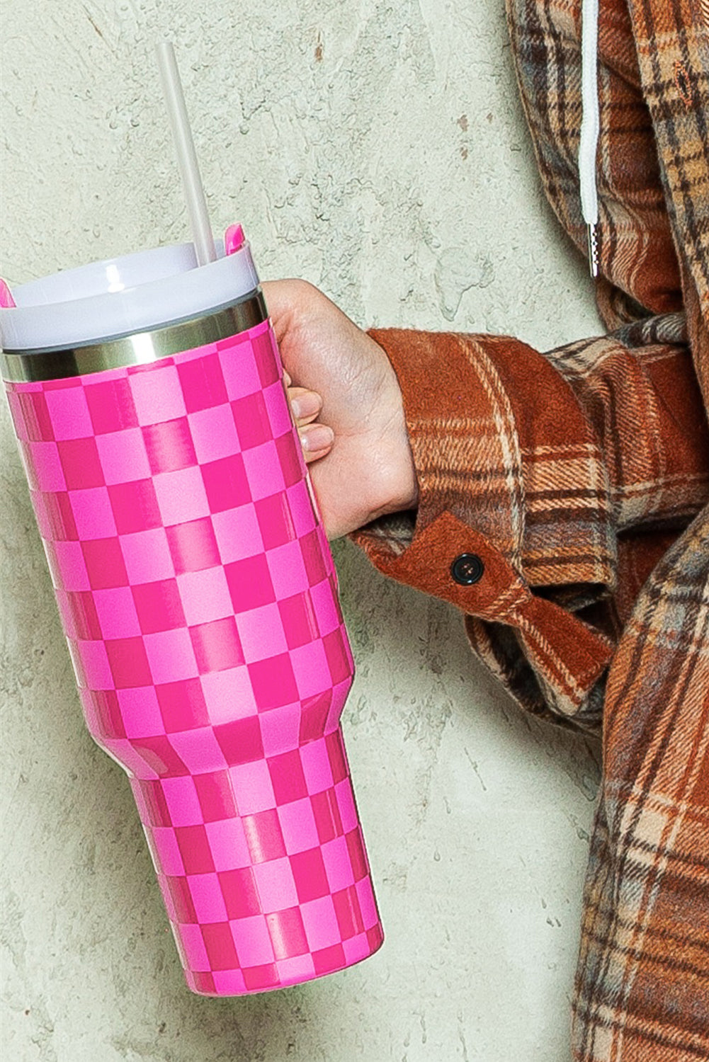 Checkered Print Handled Stainless Steel Tumbler Cup 40oz